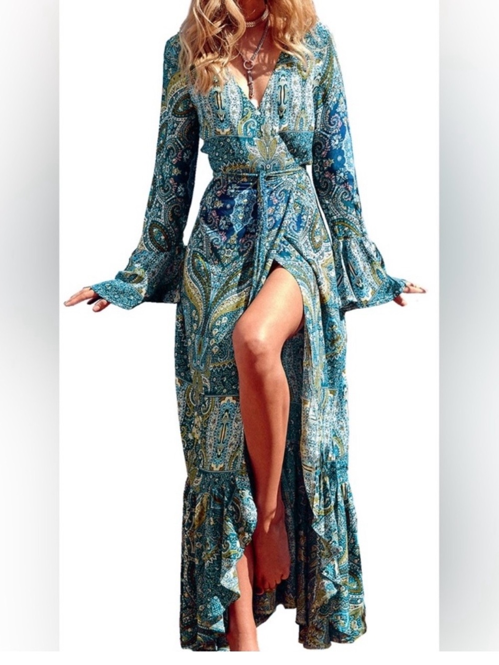 R Vivimos Blue Vintage-Style Boho Paisley Maxi Wrap Dress - Bell Sleeve Sz 12/14